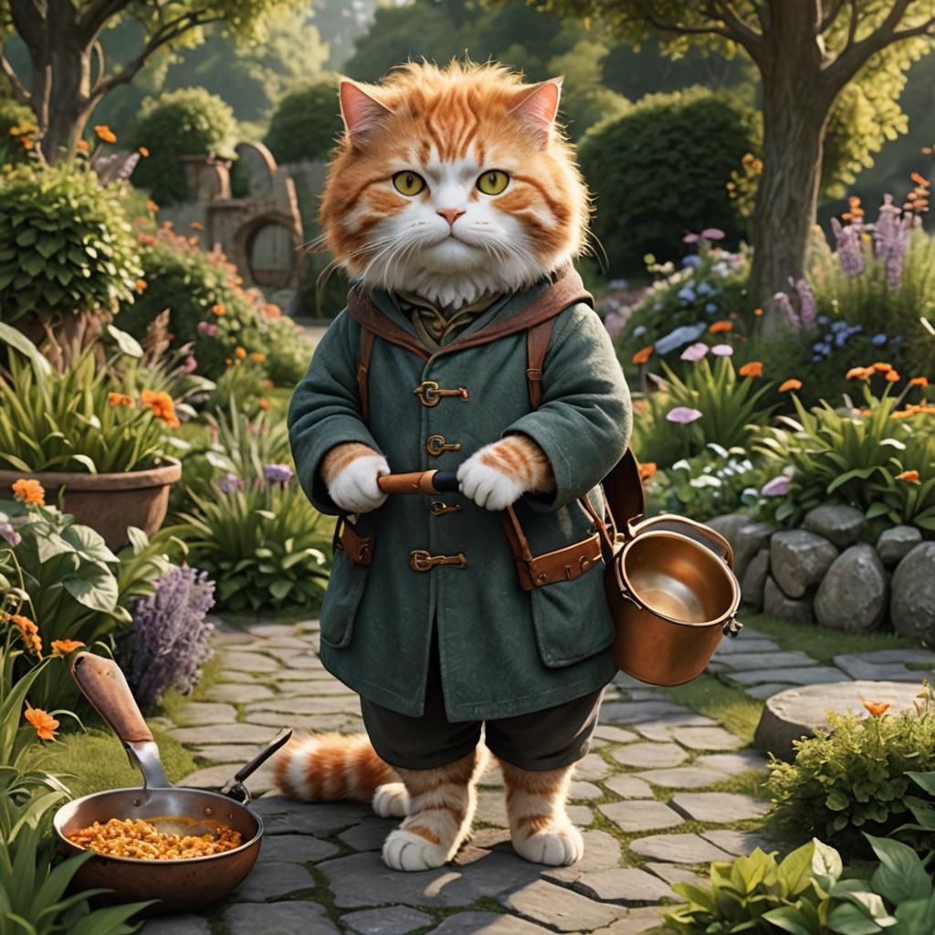Hobbit Cat in Garden, Octane Render