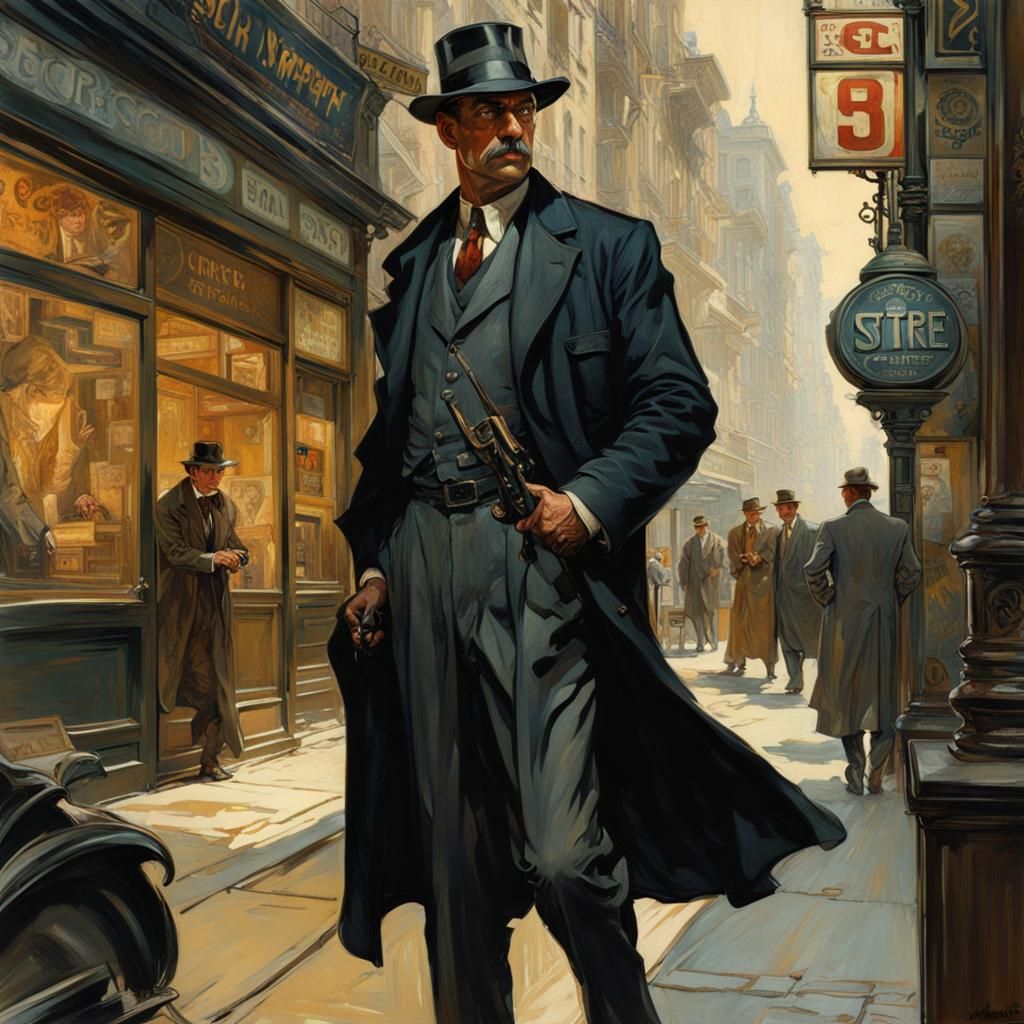 Noir Detective in Art Nouveau Cityscape