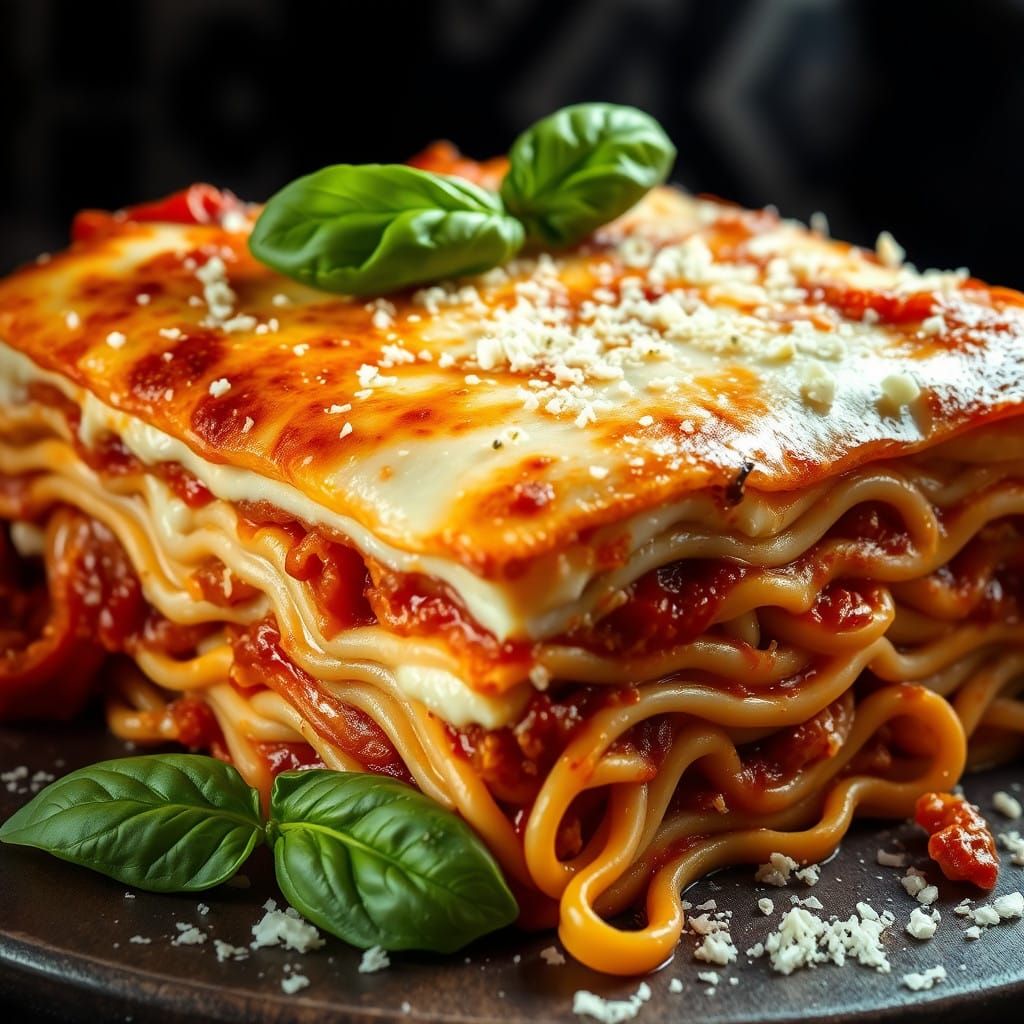 Classic Italian Still Life of Golden-Brown Lasagna with Rich...