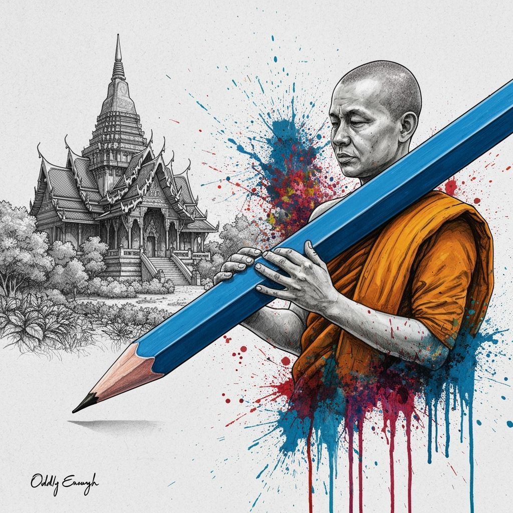 Buddhist Monk Draws Temple with Giant Pencil