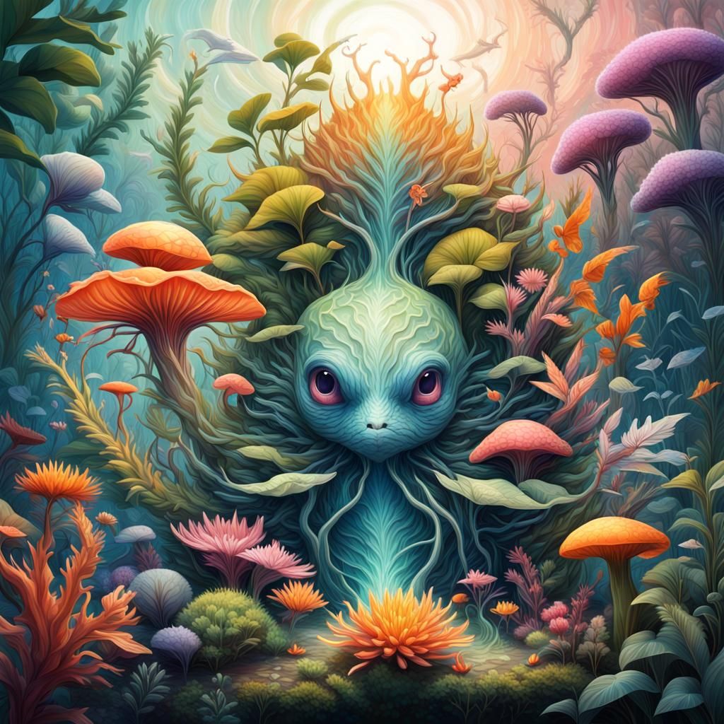 Picture a symbiotic relationship between magical plants and ...