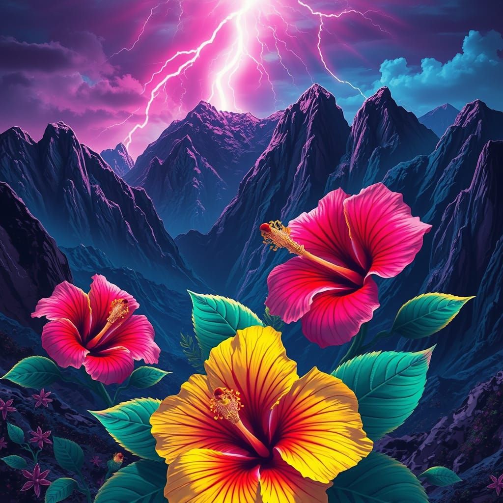 Vibrant Hibiscus Blooms in Neon-Lit Mountain Landscape
