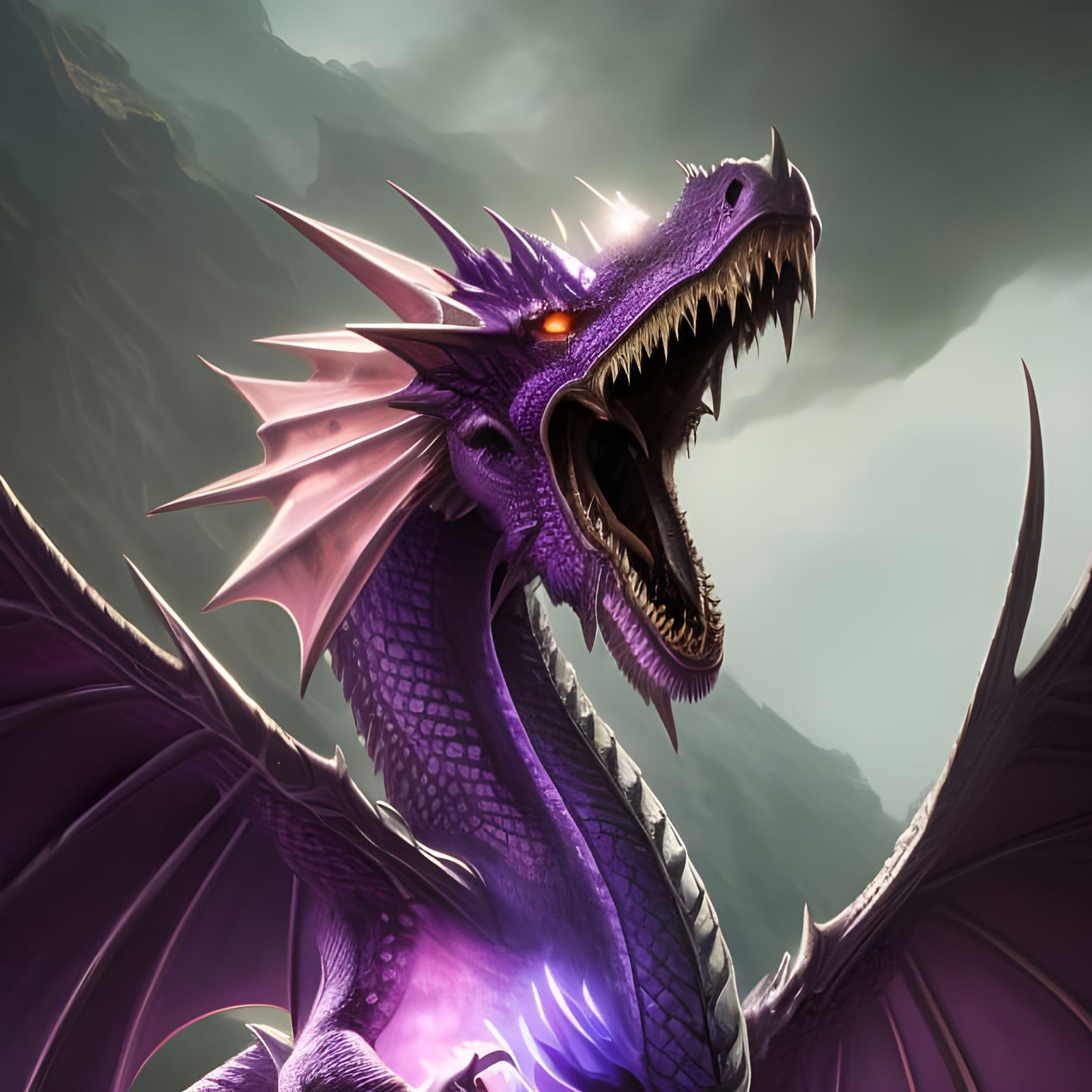 Amethyst Dragon Roaring in Cave, Fantasy Concept Art