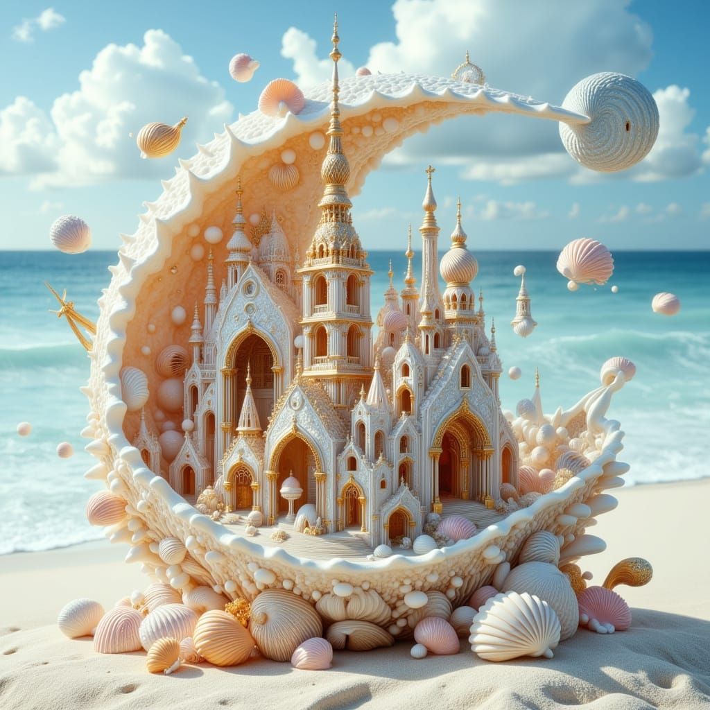 Fantasy Shell City on Moonlit Beach