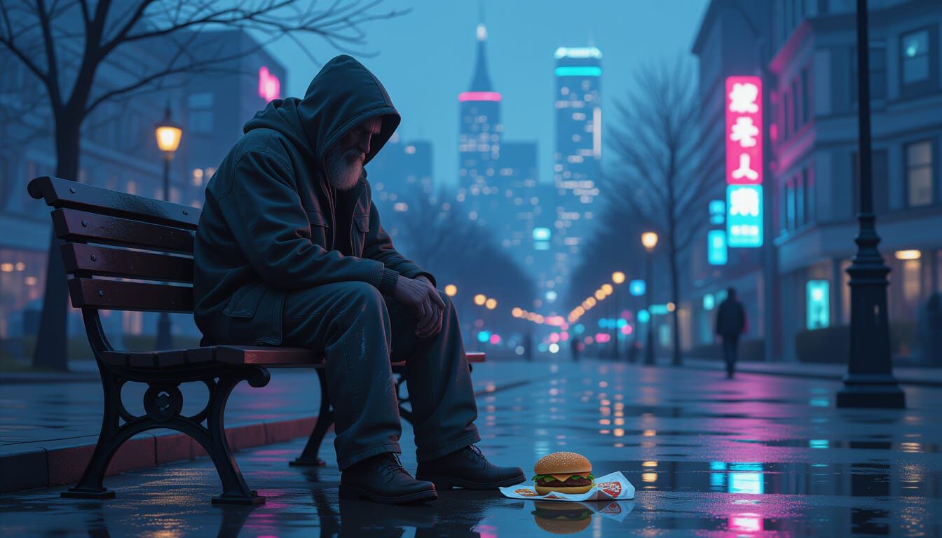 Homeless Man in Neon Cityscape, Digital Painting