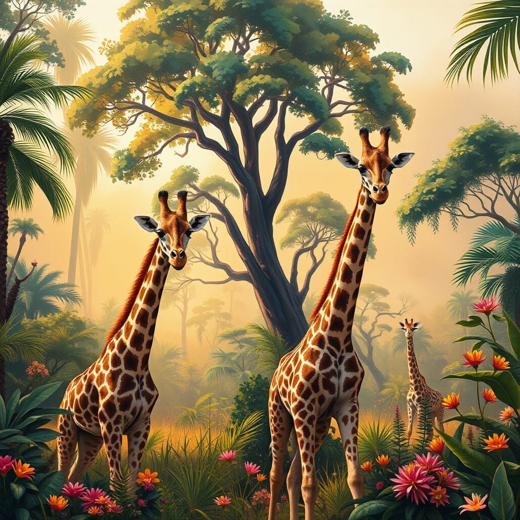 Giraffe Family in Gouache Impressionist Jungle