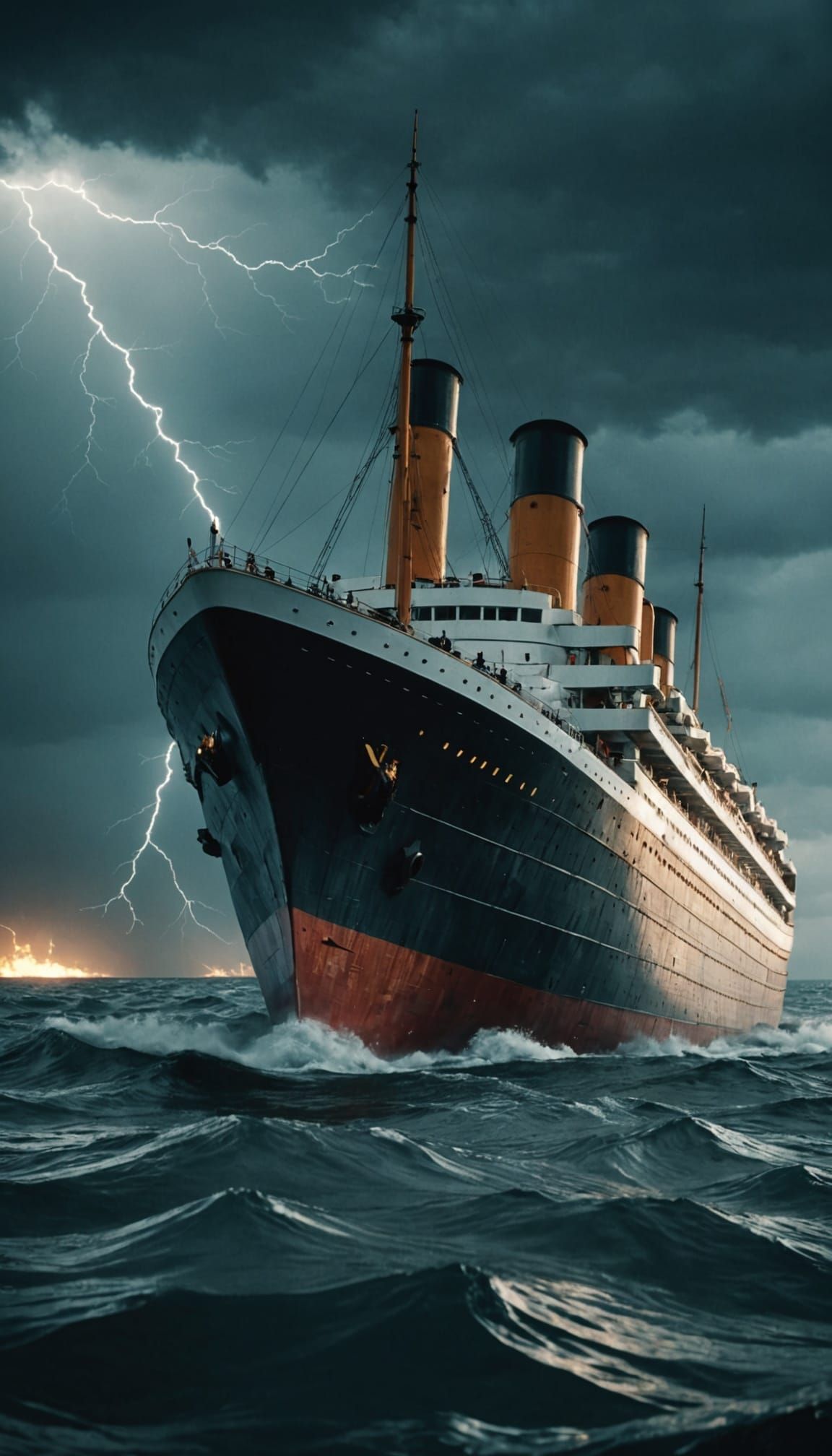 Titanic Sinking in Lightning Storm: Cinematic Film Still
