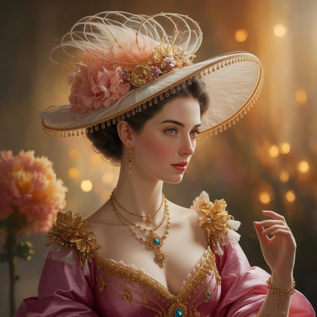 Woman in Hat and Gold Jewelry: Fine Art Painting