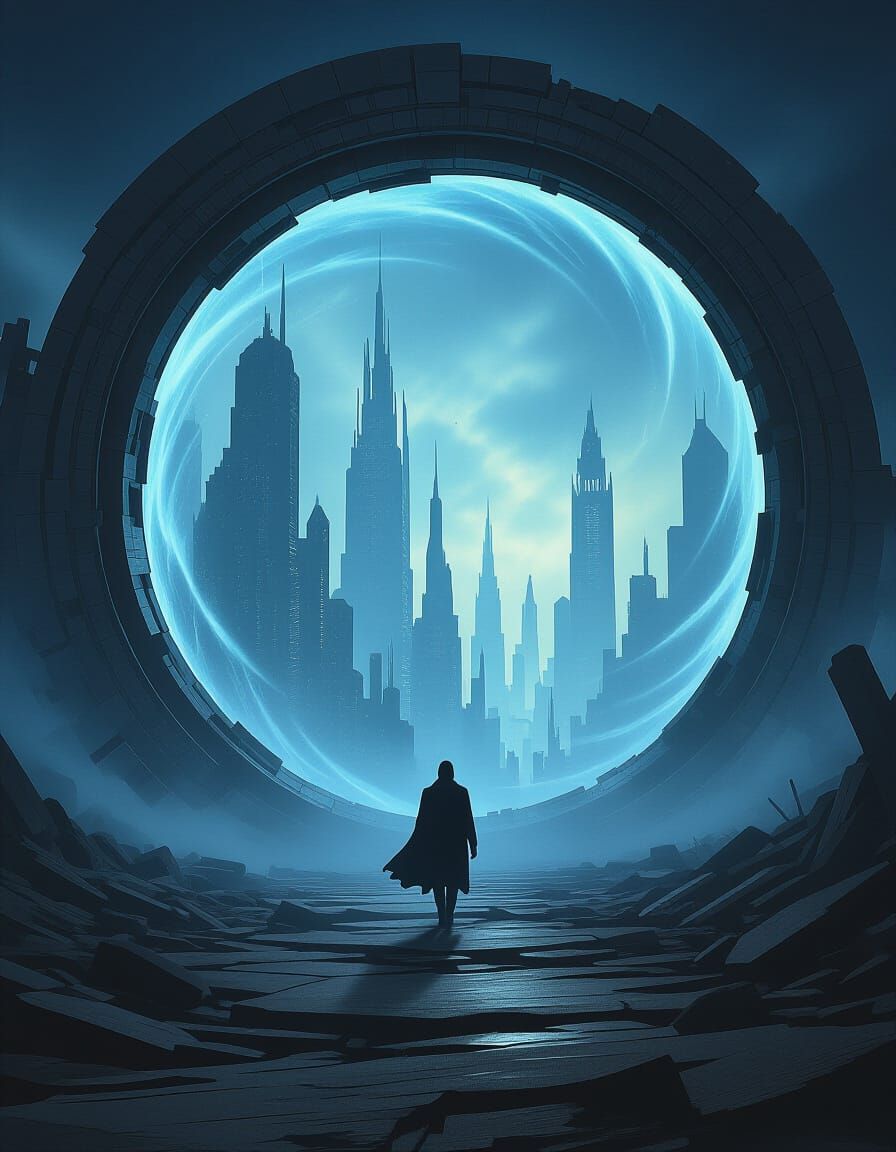 Lone Figure Enters Forgotten Realm Through Shimmering Portal