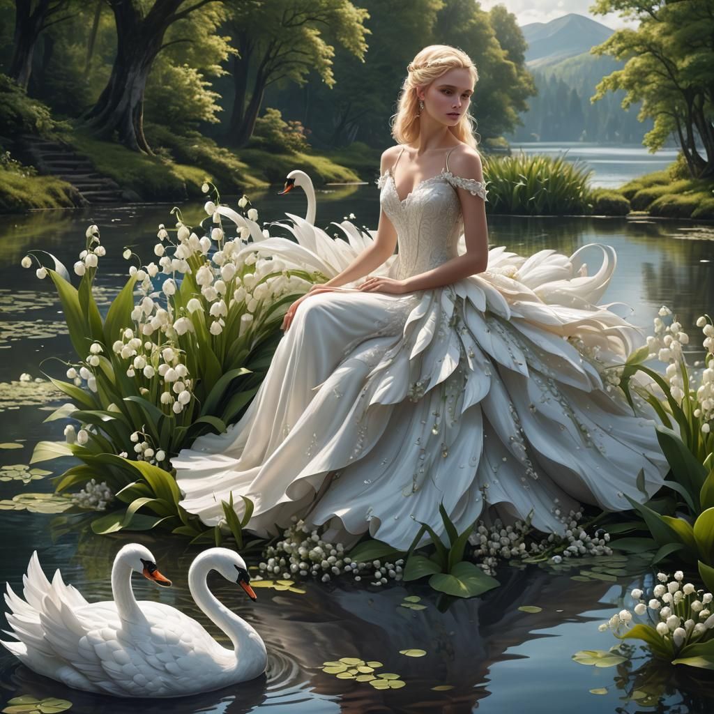 Swan Lady in White Dress by Lakeside