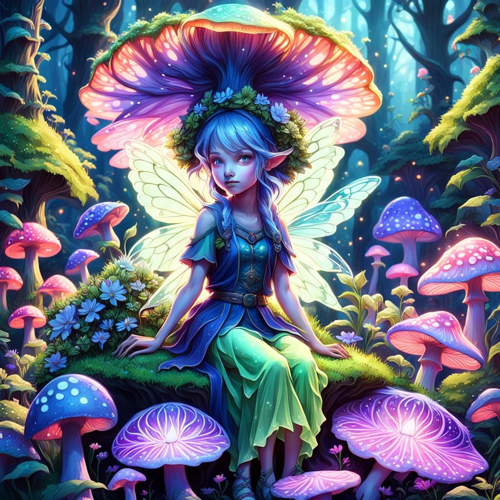 Fluorescent Fairy on Mushroom, Fantasy Art Nouveau