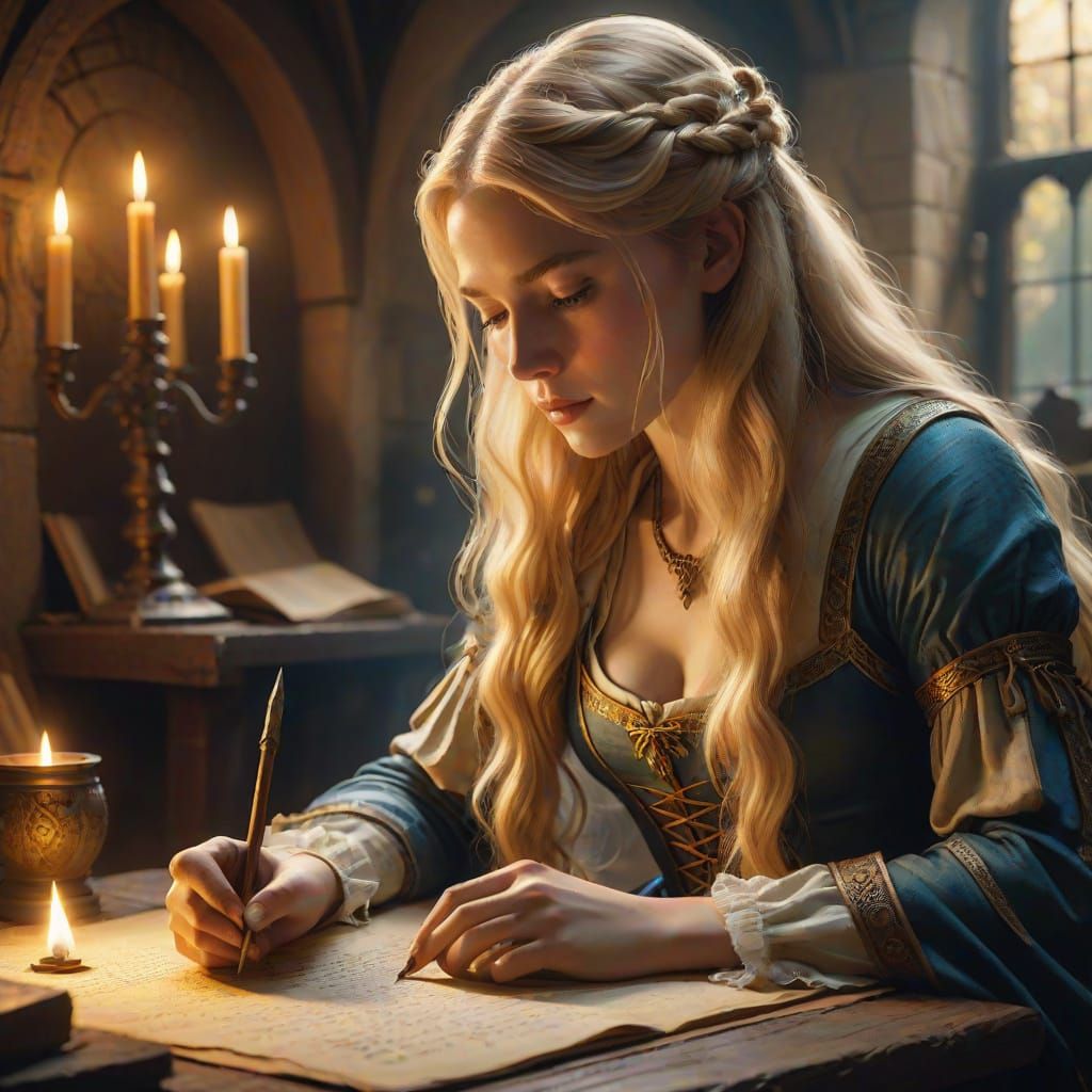 Medieval Maiden Writes with Quill in Warm Light