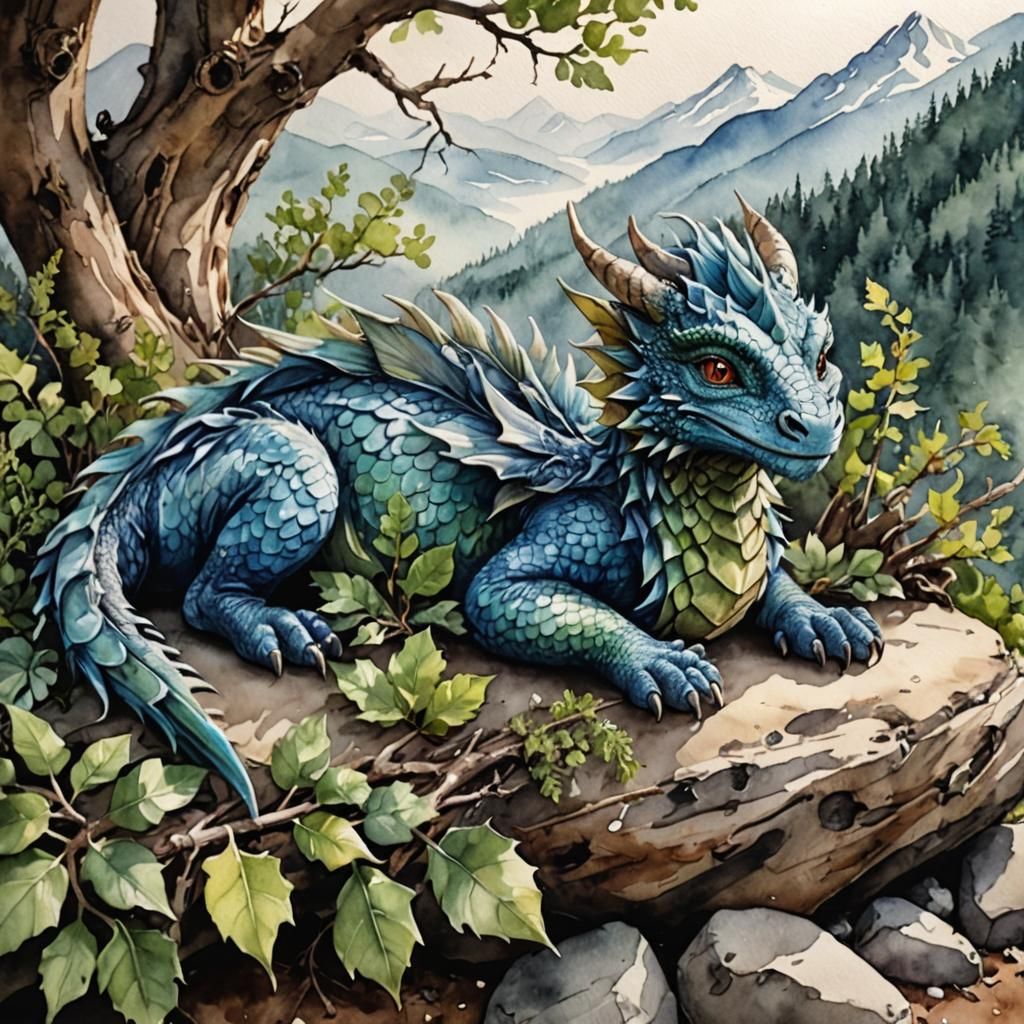 Watercolor of Adorable Feathered Baby Dragon Sleeping