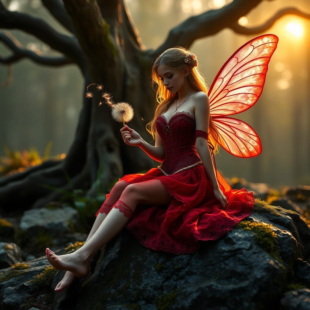 Fairy in Red Dress in Misty Forest
