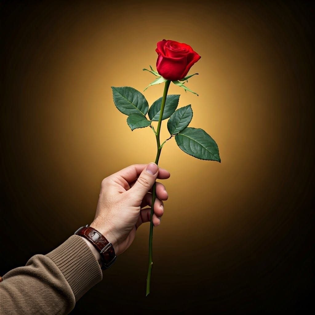 Romantic Gentleman Offers Red Rose in Warm Golden Light