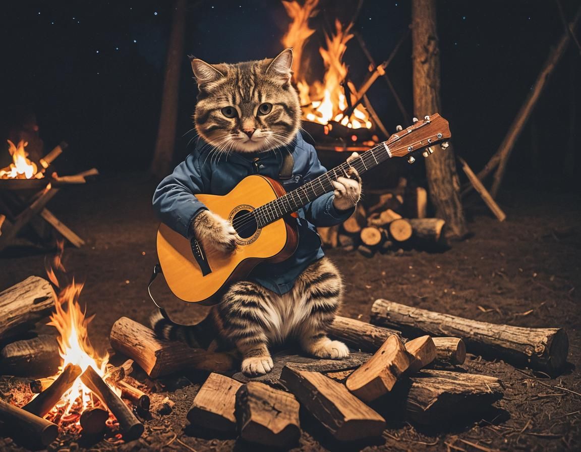 Cat Plays Guitar at Campfire Under Night Sky