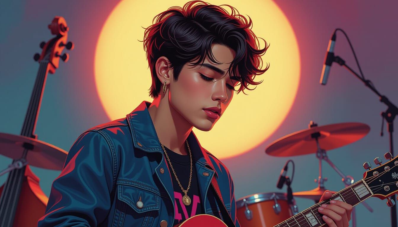 Hyperrealistic Portrait of a Young Musician in Vibrant Color...