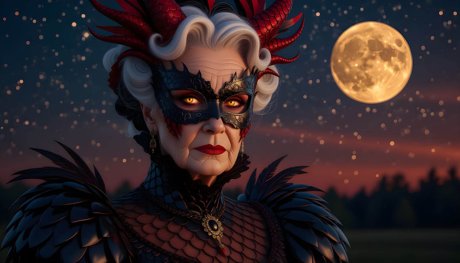 Diabolic Woman with Dragon Scales in Starry Night