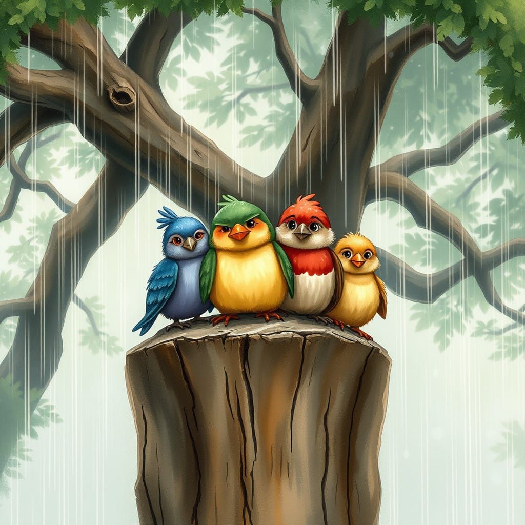 Chibi Birds Find Warmth Under Ancient Tree Canopy