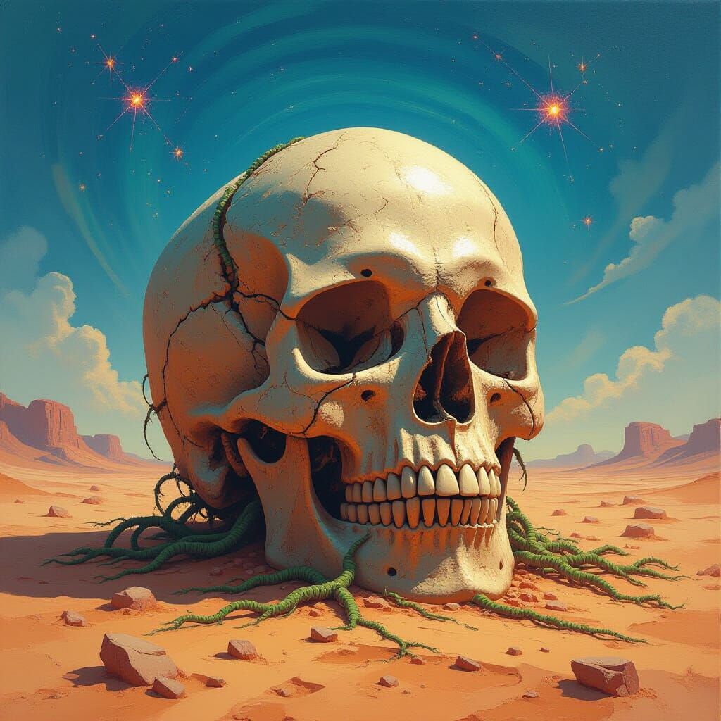 Ancient Crystal Skull in Alien Desert Oil Painting