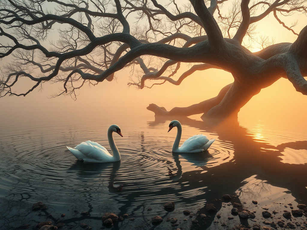 Majestic Swans Glide Through Misty Lagoon