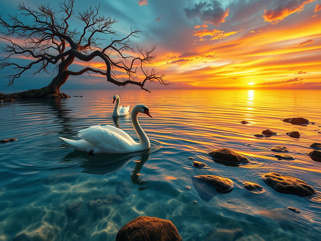 Majestic Swans Gliding Across Mystical Lagoon