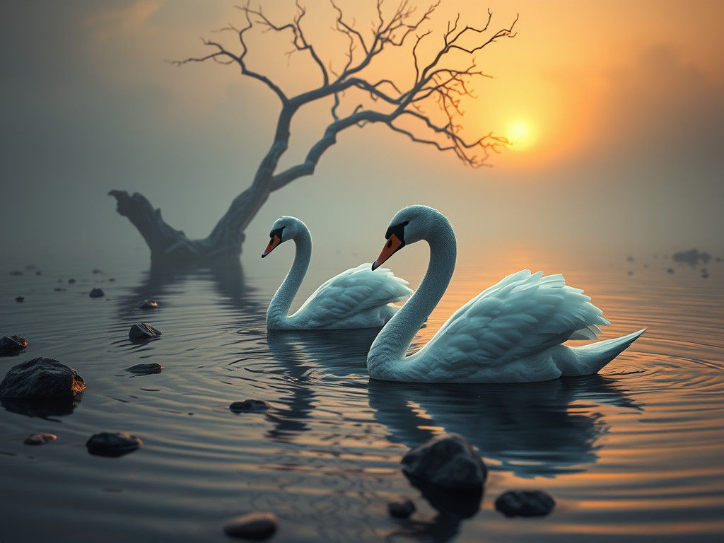 Majestic Swans Gliding in Mystical Lagoon