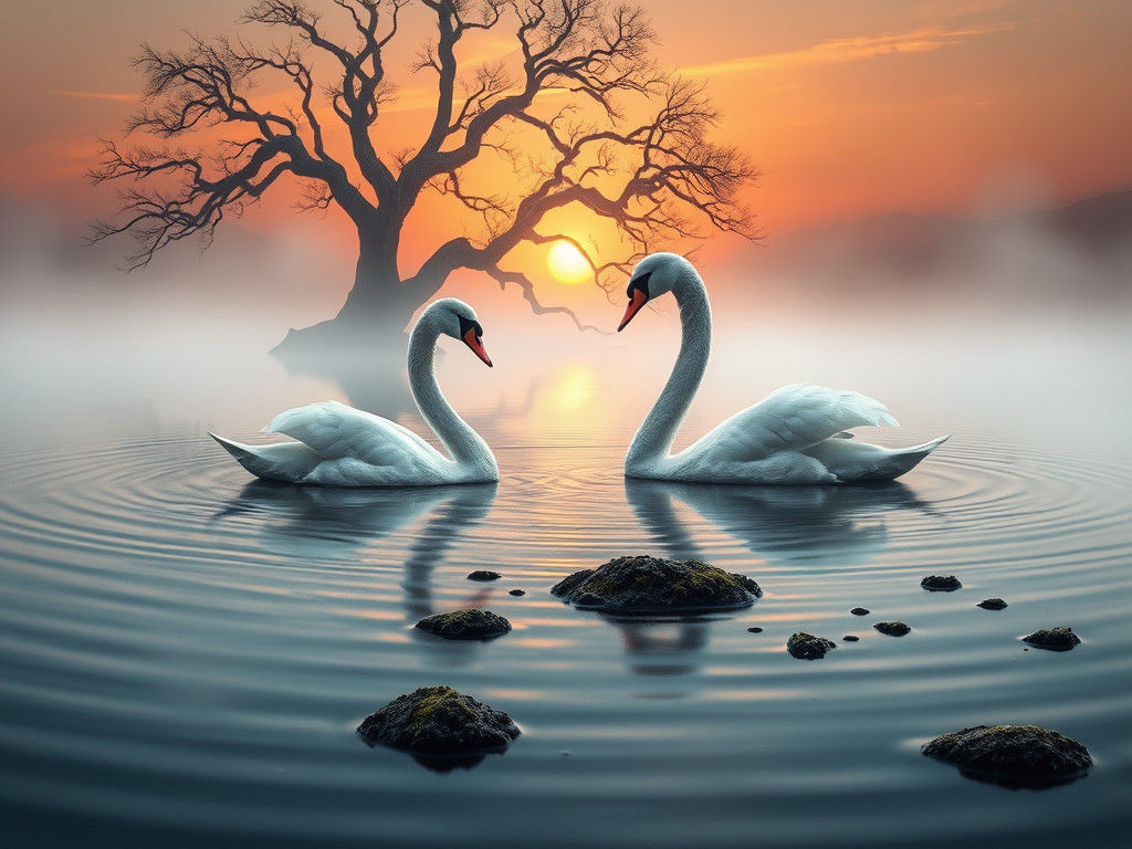 Swans Glide on Mystical Lagoon at Sunset