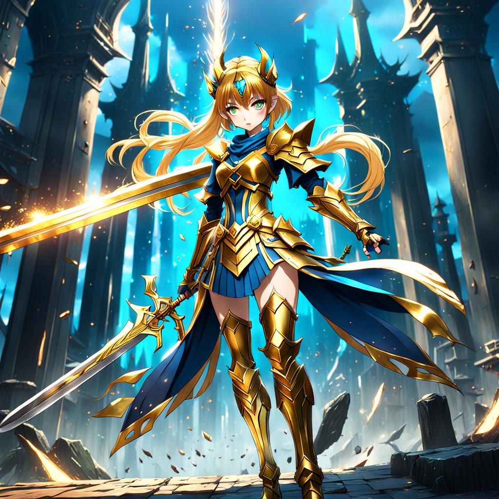 Anime Girl with Golden Sword: Detailed Fantasy Art