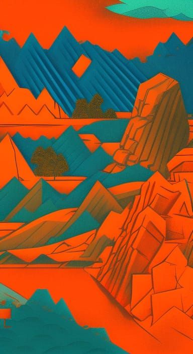 Cubist Waterfall and Mountains Woodblock Print