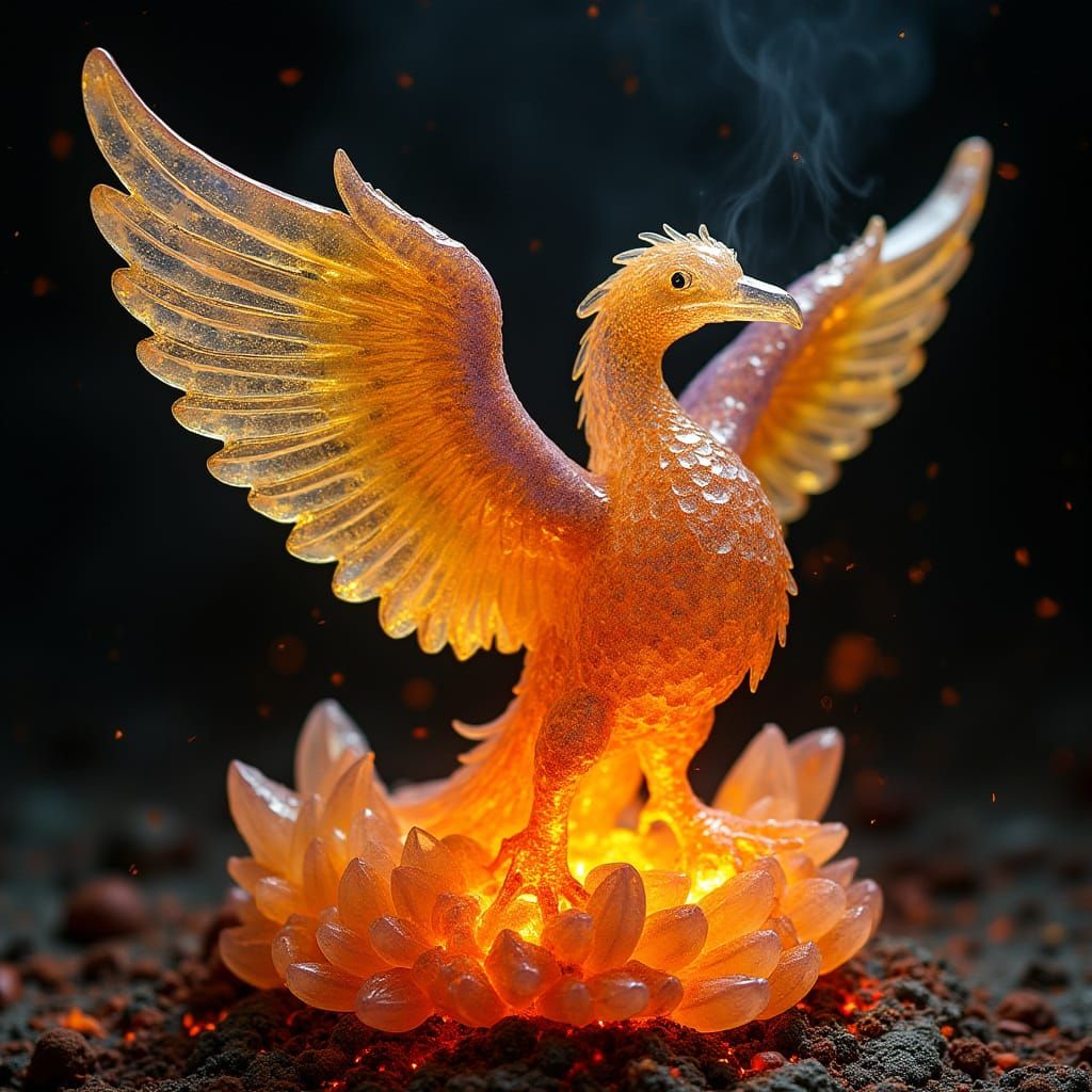 Crystal Phoenix Rises from Fiery Embers in Vibrant Surrealis...