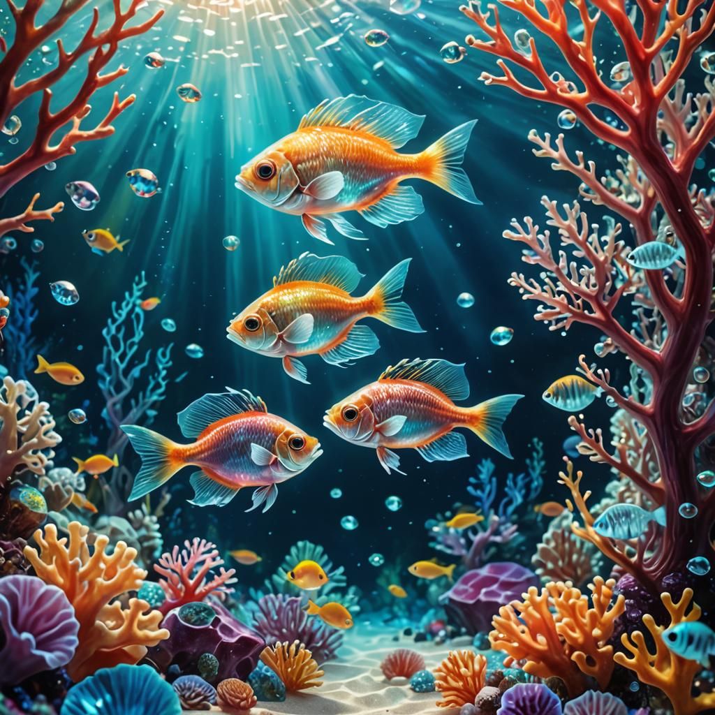 Underwater Crystal Coral with Transparent Fish in Oil Painti...