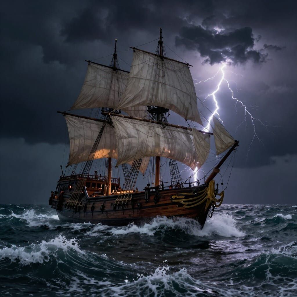 Stormy Seas Galleon Under Lightning Strike