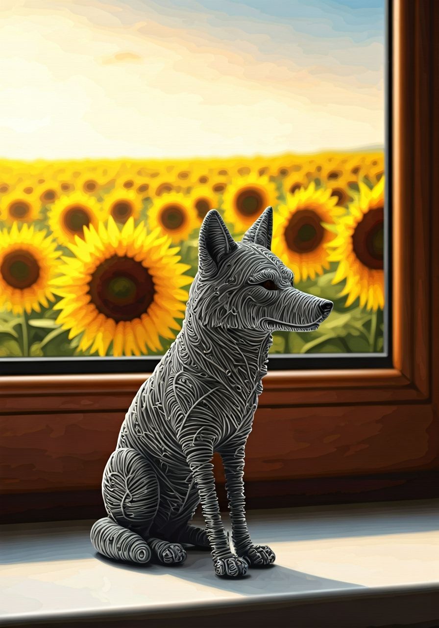 Wire Wolf Figurine Overlooking Sunflower Field, Abstract Fra...