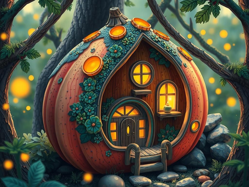 Miniature Gourd House in Fantasy Woods, Cel-Shaded Poster Ar...