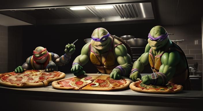 TMNT Working in a Pizza Kitchen: Hyperrealistic Film Still