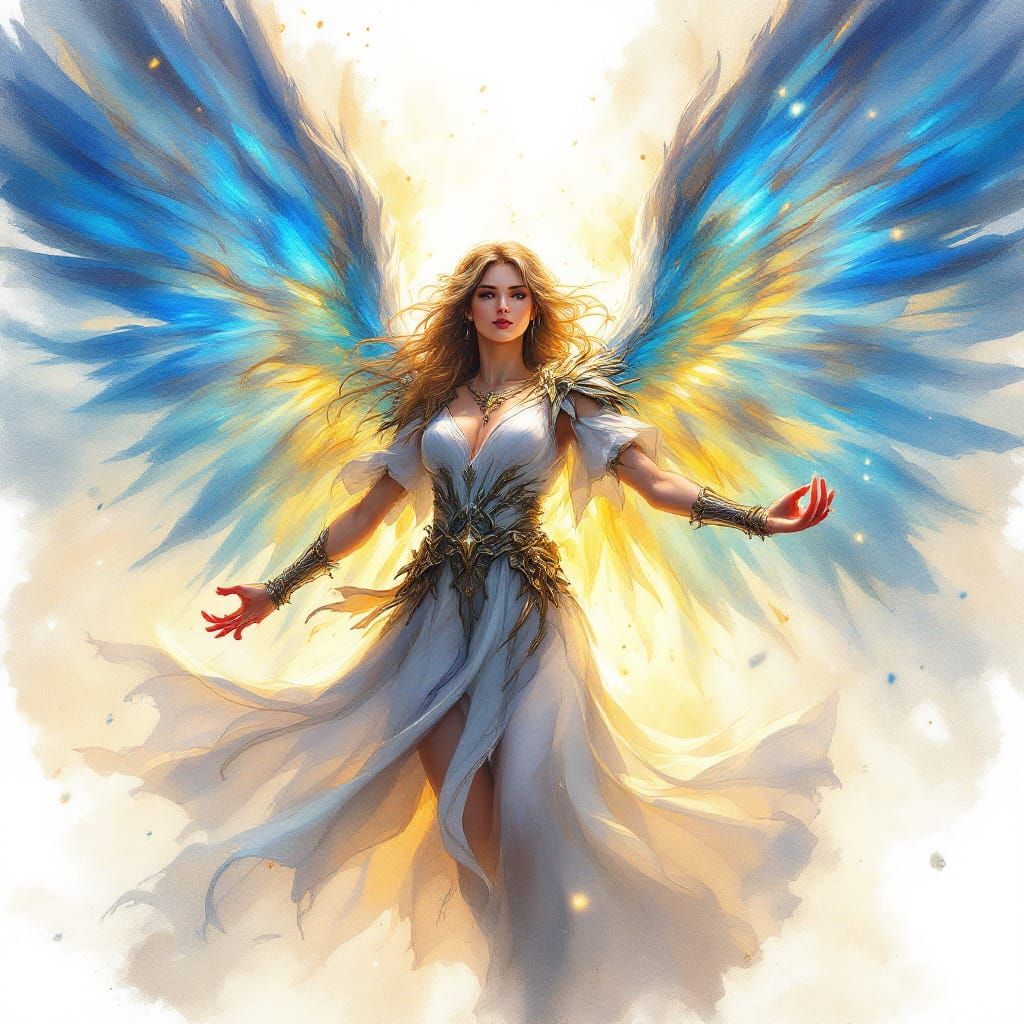 Battle-Hardened Angel Spreads Luminous Blue Wings