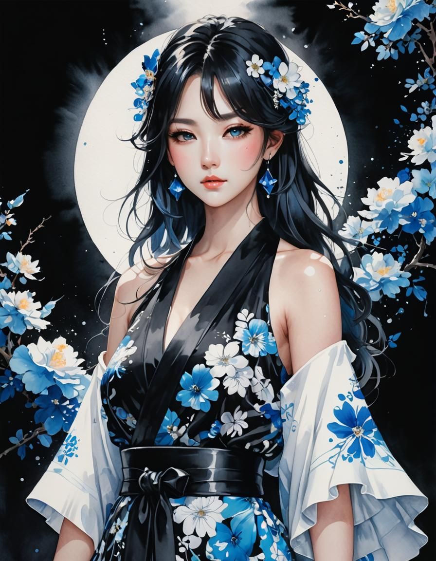 Neon Kimono in High Contrast Watercolor Style