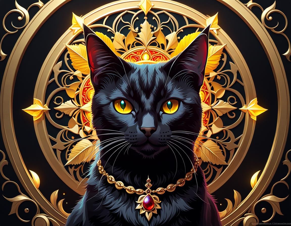 Festive Black Cat Mandala with Yellow Eyes