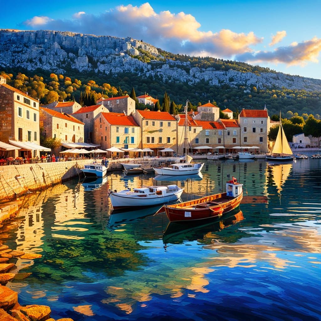 Sailing through Korcula oldtown's Harbour in Impressionist S...