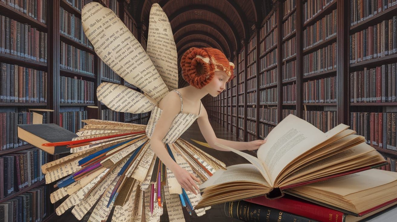 Literary Fairy in Library, Surreal Mixed Media Collage