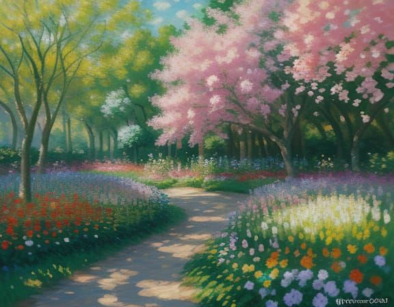 Vibrant Impressionist Garden Painting with Blooming Flowers