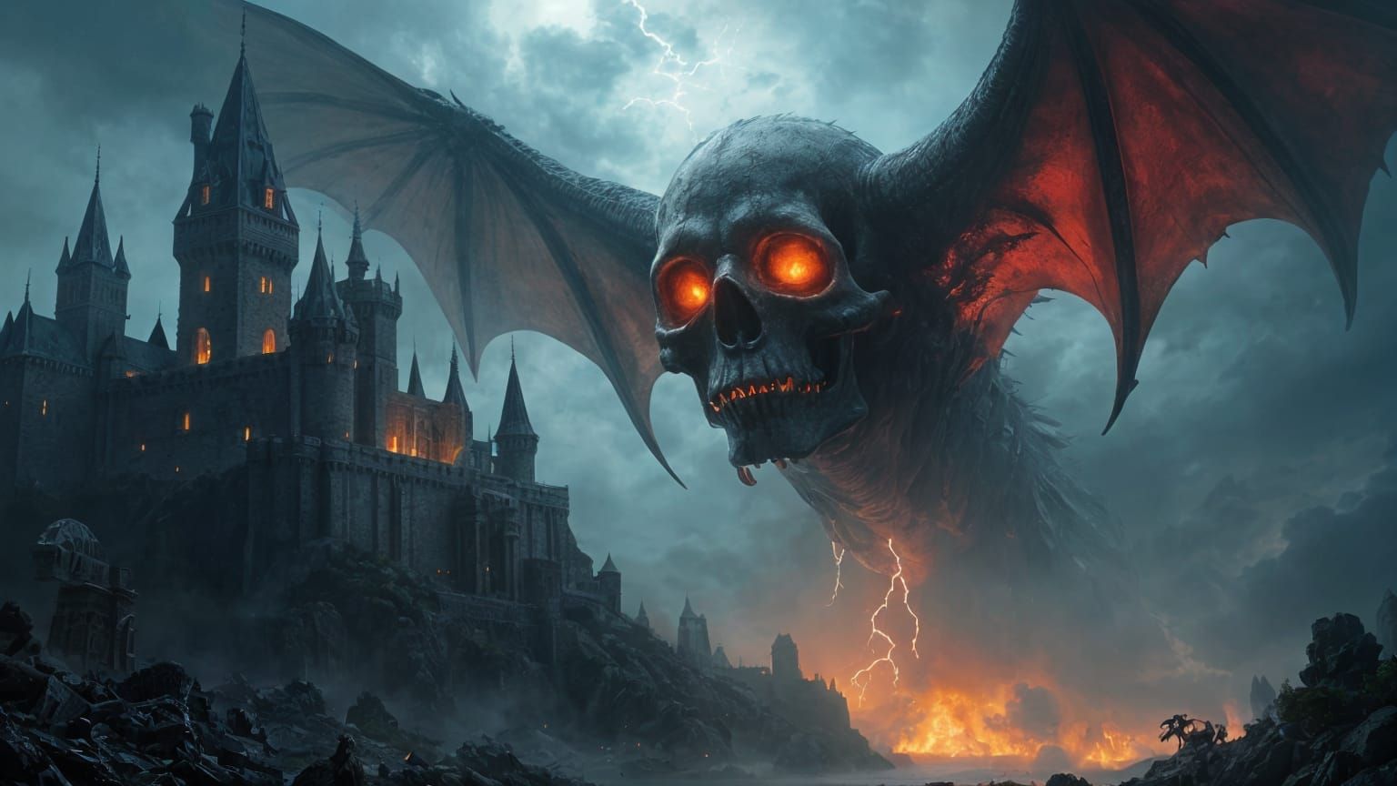 Dark Fantasy Castle Under Siege by a Flying Skull Dragon