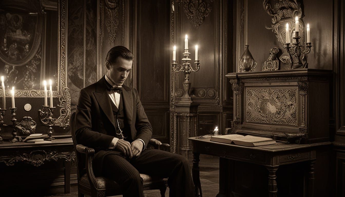 Victorian Gentleman Views Haunting Portrait in Sepia Tones