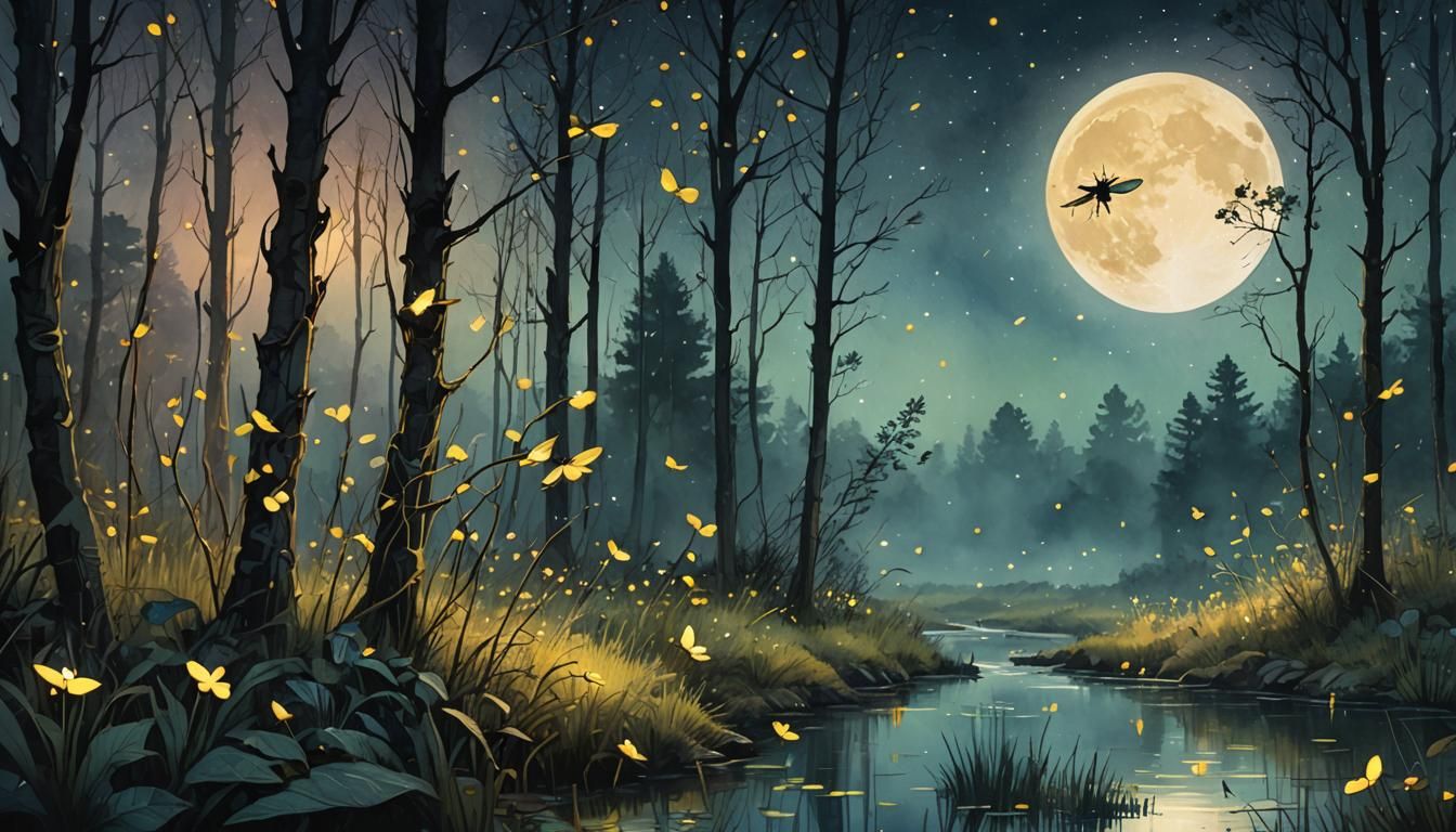 Fireflies Glow Under Moonlit Sky: Watercolor Concept Art