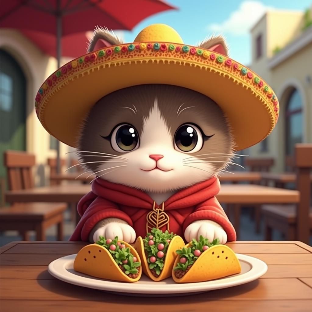 Anime Cat in Sombrero Enjoying Tacos