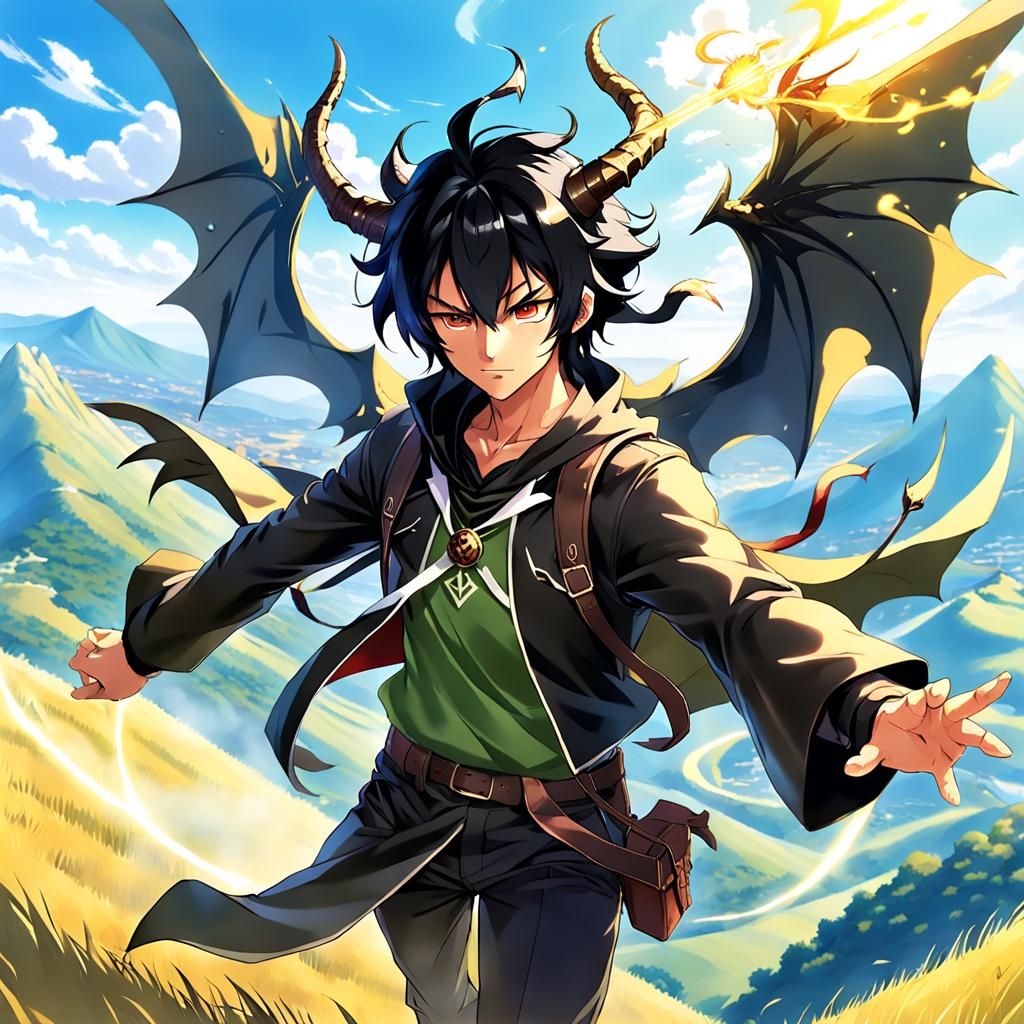 Anime Young Man Adventurer Casting Spell With Wings