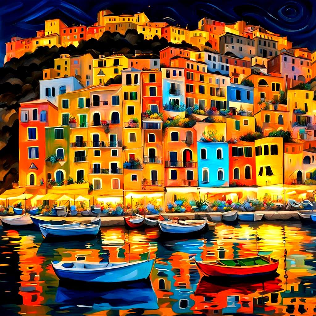Amalfi Coast at Night in Graffiti Art Style