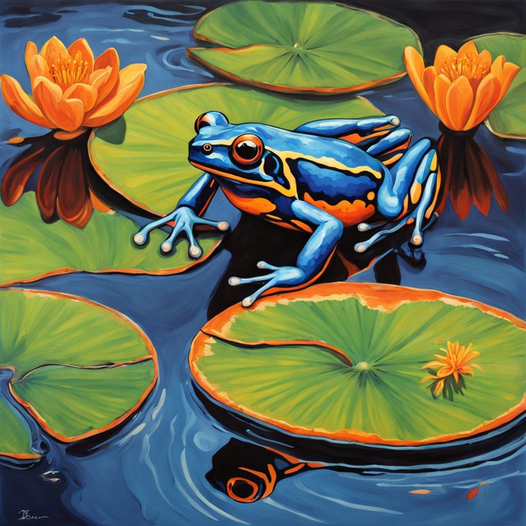 Vibrant Oil Painting of Frog Leaping Over Lily Pond
