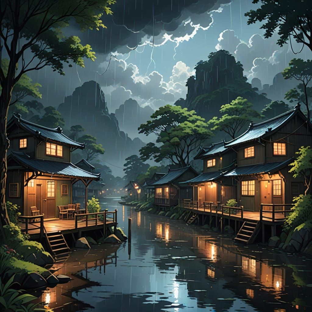 Anime-Style House on Rainy Riverbank in Dramatic Lighting